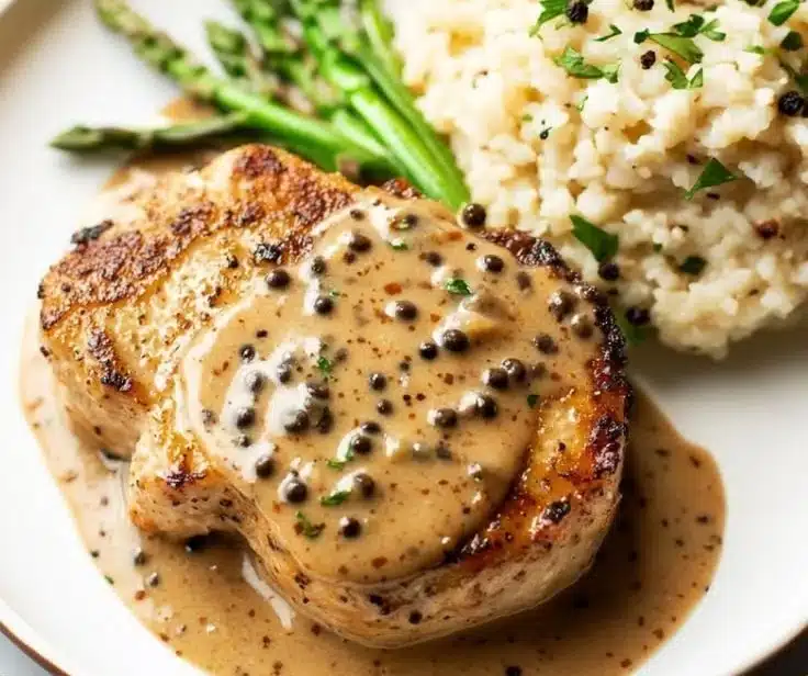 Delicious Peppercorn Sauce Pork Chops served on a plate with garnish.
