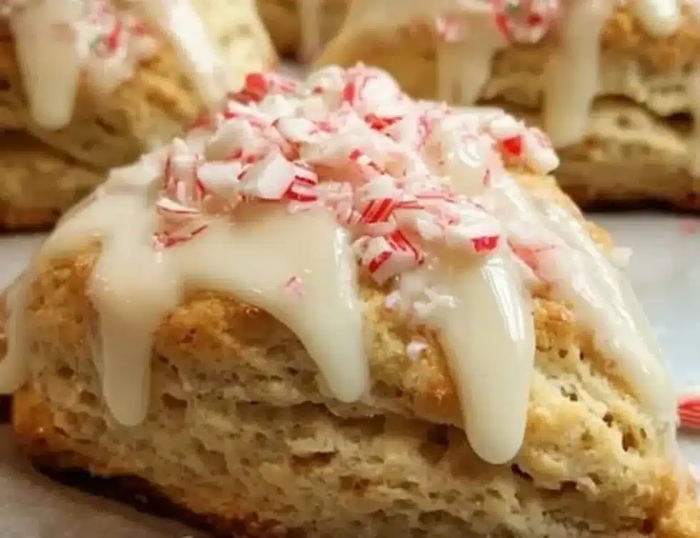Freshly baked peppermint white chocolate scones on a wooden platter