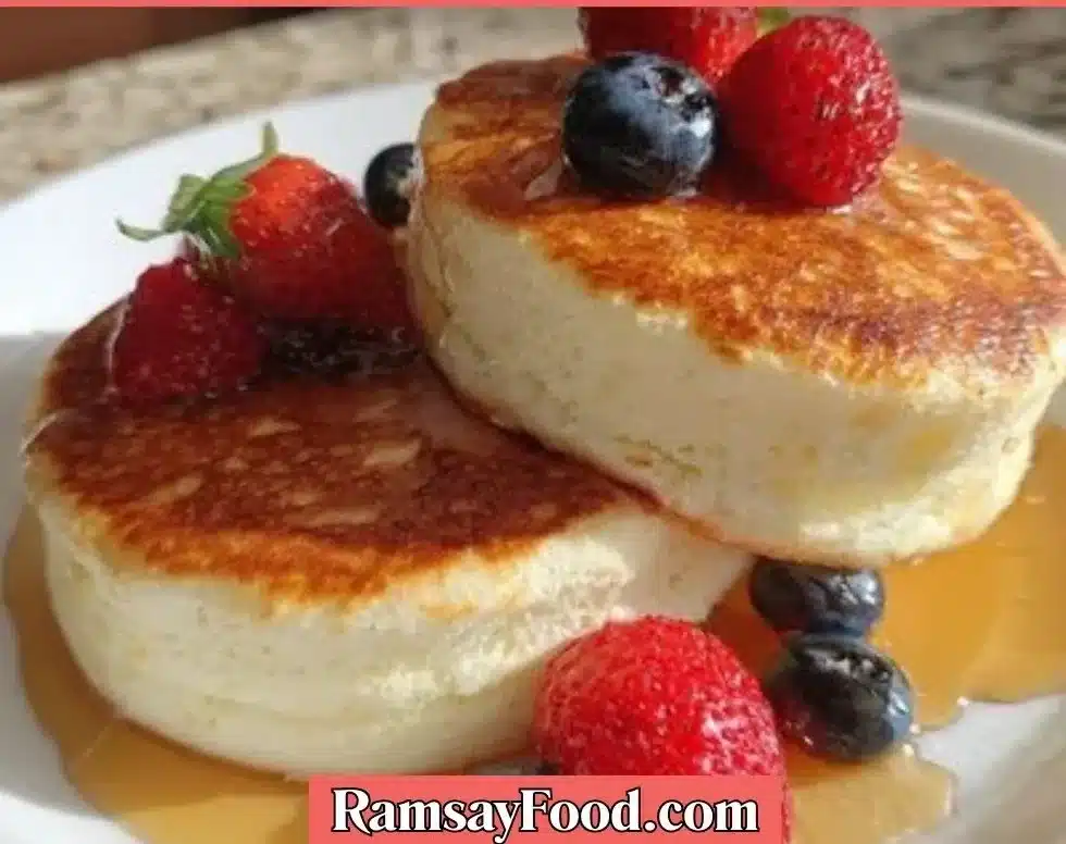 Perfect fluffy Japanese soufflé pancakes served with syrup and berries