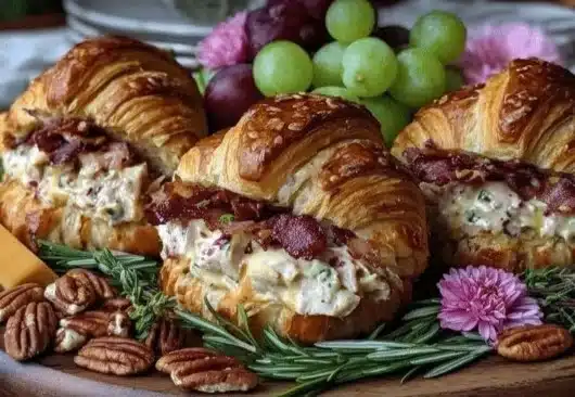 A beautifully arranged poppyseed chicken croissant board for Galentine’s Day