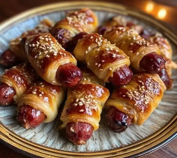 Delicious pigs in a blanket appetizer with sausages wrapped in dough.