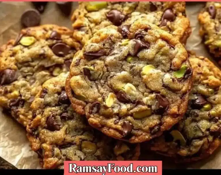 Pistachio chocolate chip cookies on a baking rack, showcasing their deliciousness.