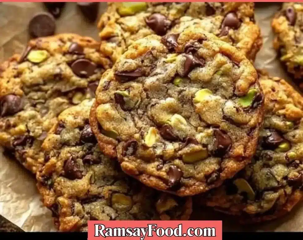 Pistachio chocolate chip cookies on a baking rack, showcasing their deliciousness.