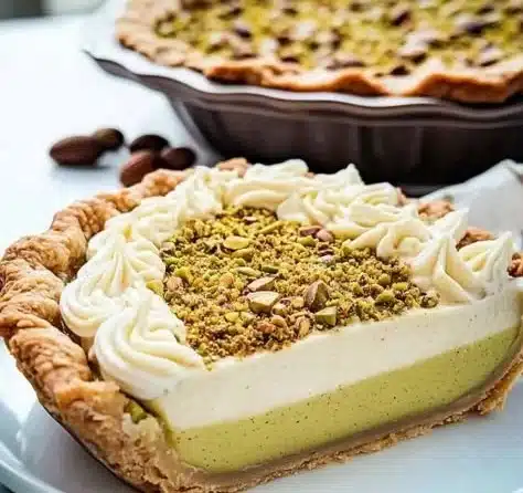 Delicious slice of Pistachio Custard Pie on a white plate