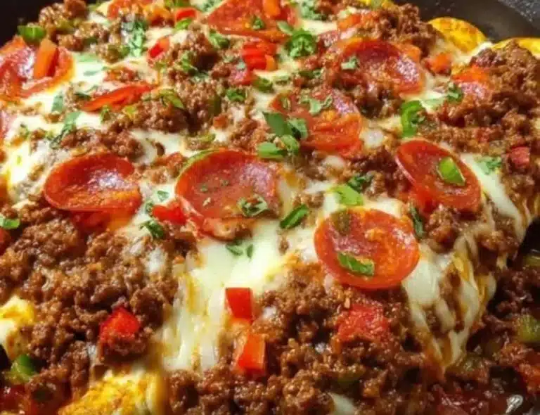 Delicious Pizza Enchiladas topped with ground beef and cheese served on a plate