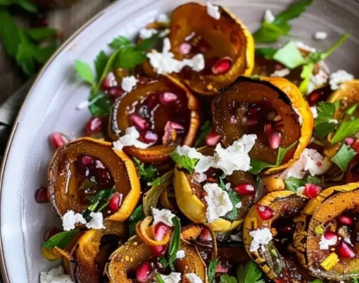 Pomegranate molasses drizzled over roasted delicata squash slices