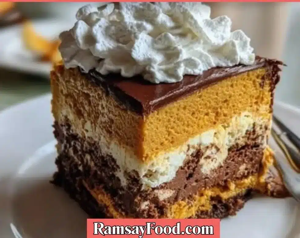 Delicious Pumpkin Chocolate Mousse Cake garnished with chocolate shavings