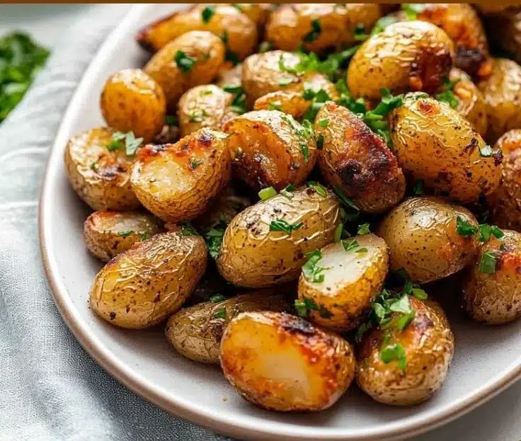 Bowl of deliciously prepared Ranch Potatoes garnished with herbs
