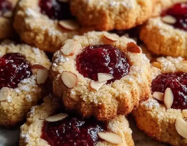 Raspberry Almond Shortbread Thumbprint Cookies with jam and almonds