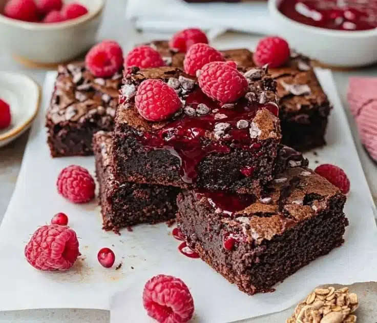 Delicious homemade Raspberry Chocolate Brownies topped with fresh raspberries.