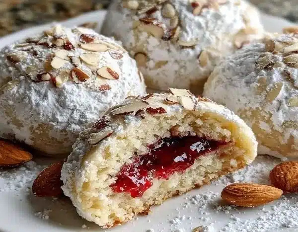 Raspberry filled almond snowball cookies on a plate, dusted with powdered sugar