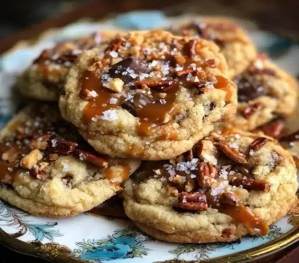 Delicious salted caramel crunch cookies with a sprinkle of sea salt on top