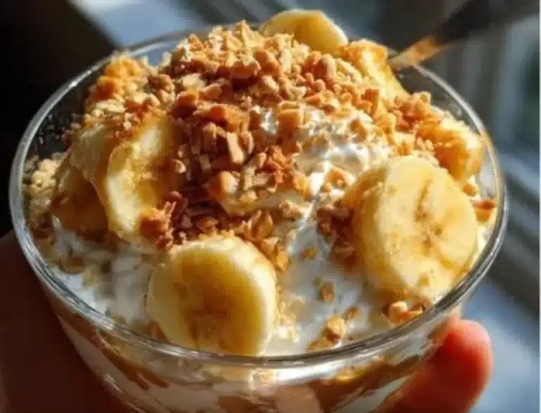 Salty Peanut Banana Pudding dessert with creamy layers and a topping of peanuts