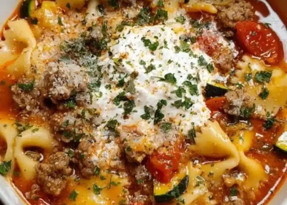 Bowl of Sausage Lasagna Soup garnished with herbs and cheese