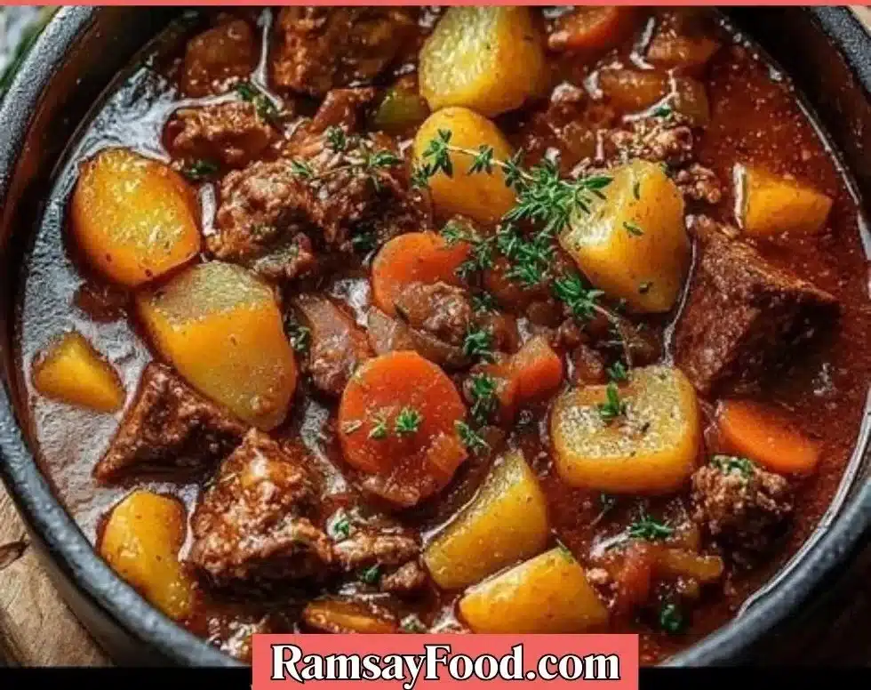 Savory apple cider beef stew in a bowl with fresh herbs and spices