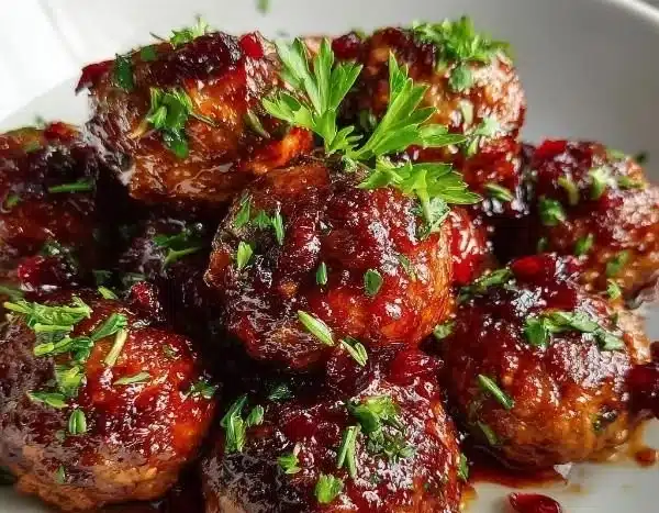 Savory baked cranberry-glazed meatballs garnished with fresh herbs