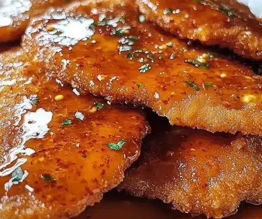 Savory hot honey chicken cutlets garnished and ready to serve.