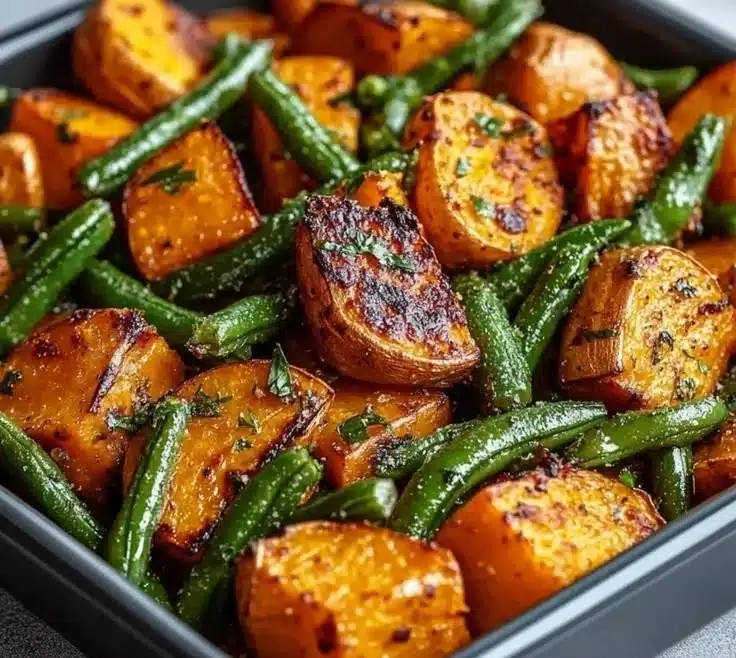 Savory sweet potato and green bean tray bake fresh out of the oven.