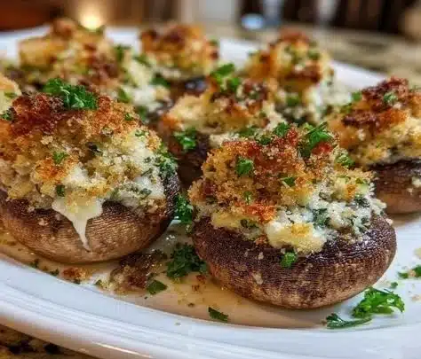 Savory truffle-infused stuffed mushrooms on a platter