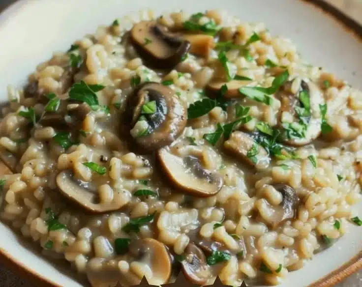 Delicious Shiitake and Barley Winter Risotto served in a bowl