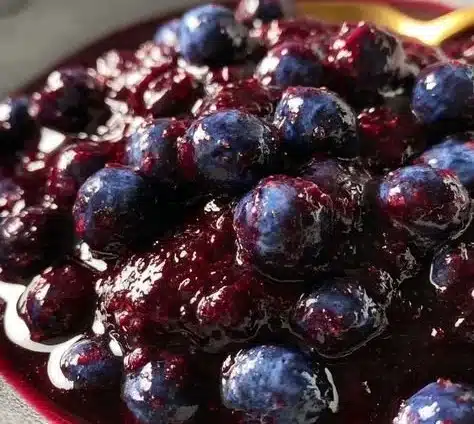 Homemade slow cooker blueberry butter in a jar with fresh blueberries