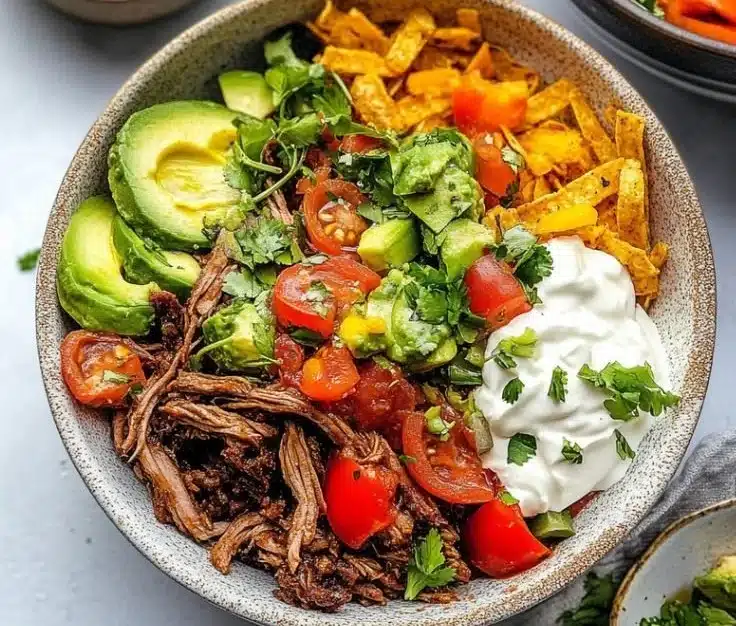 Slow Cooker Chipotle Beef Burrito Bowl with fresh toppings and ingredients