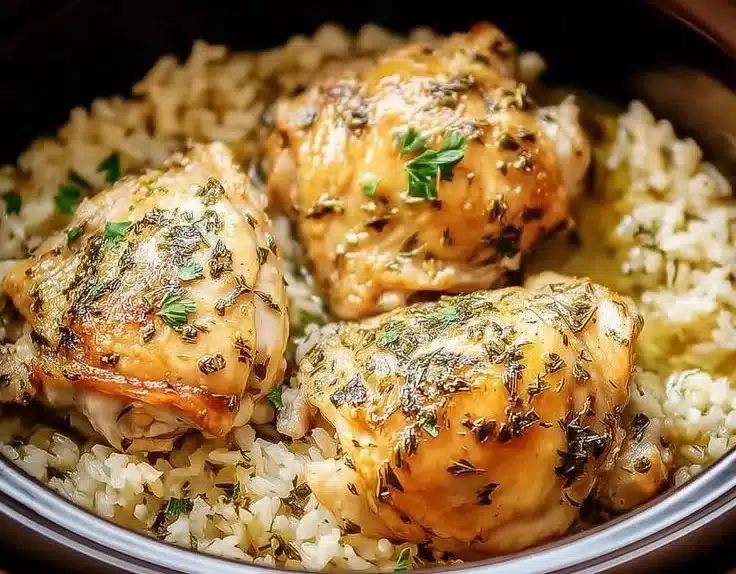 Delicious slow cooker lemon herb chicken served with rice.