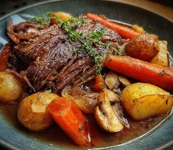 Delicious slow cooker pot roast with vegetables ready to serve.