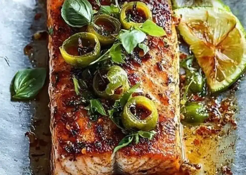 Smoked paprika and green olive salmon dish served on a plate