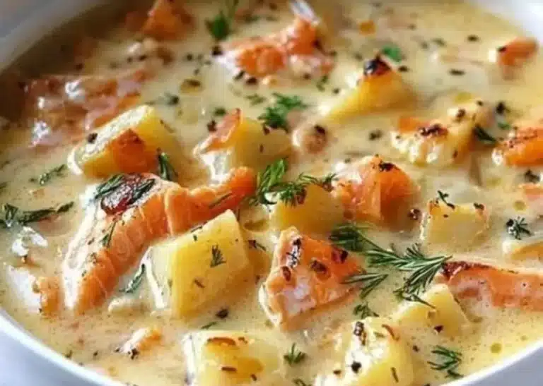 Bowl of creamy Smoked Salmon Chowder with potatoes and herbs