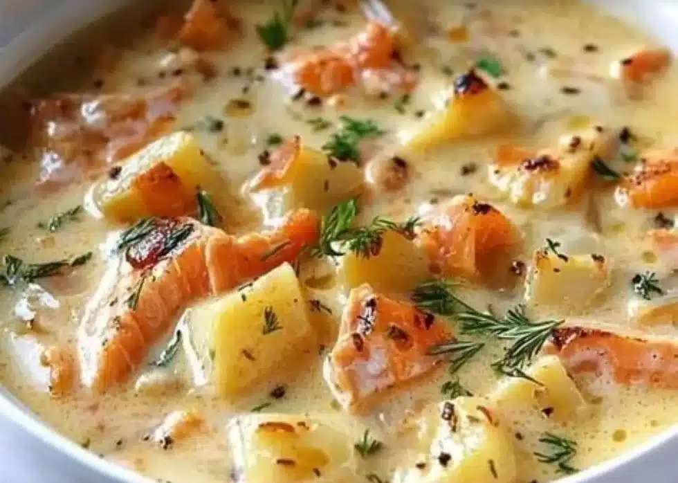 Bowl of creamy Smoked Salmon Chowder with potatoes and herbs