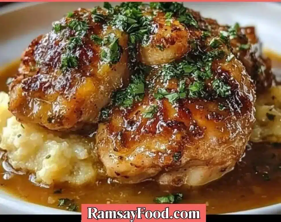 Delicious smothered chicken thighs served with savory sauce