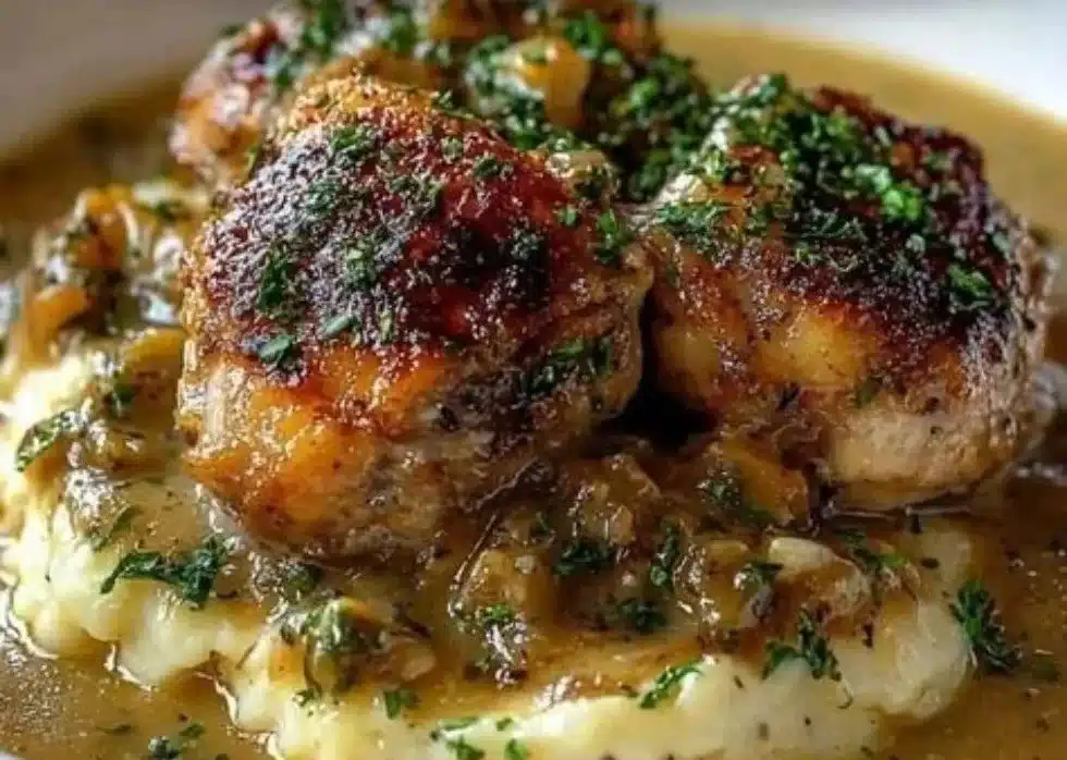 Delicious smothered chicken thighs covered in savory gravy served on a plate