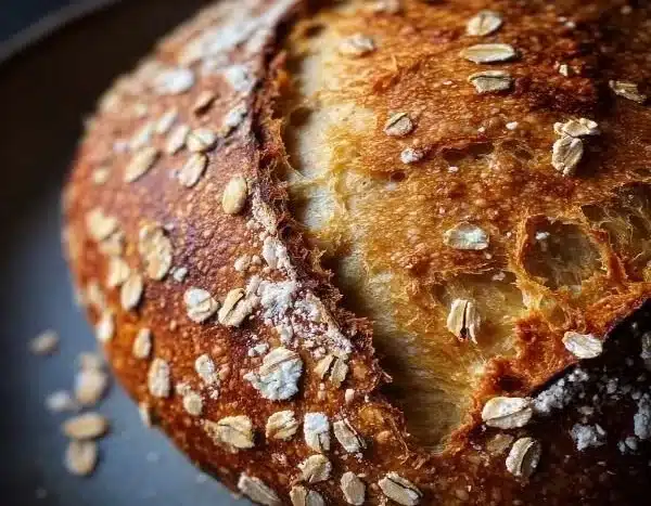 Freshly baked honey oat sourdough bread, soft and chewy perfection.