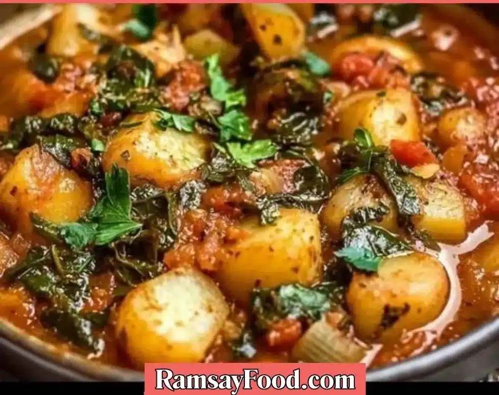 Bowl of Southern collard green potato stew with fresh greens and potatoes