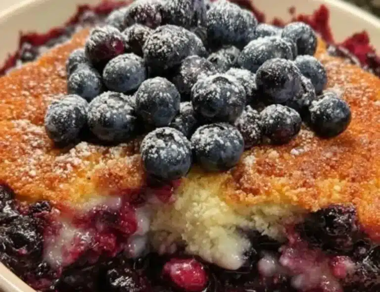 Delicious Southern style blueberry cobbler with fresh blueberries and golden crust.
