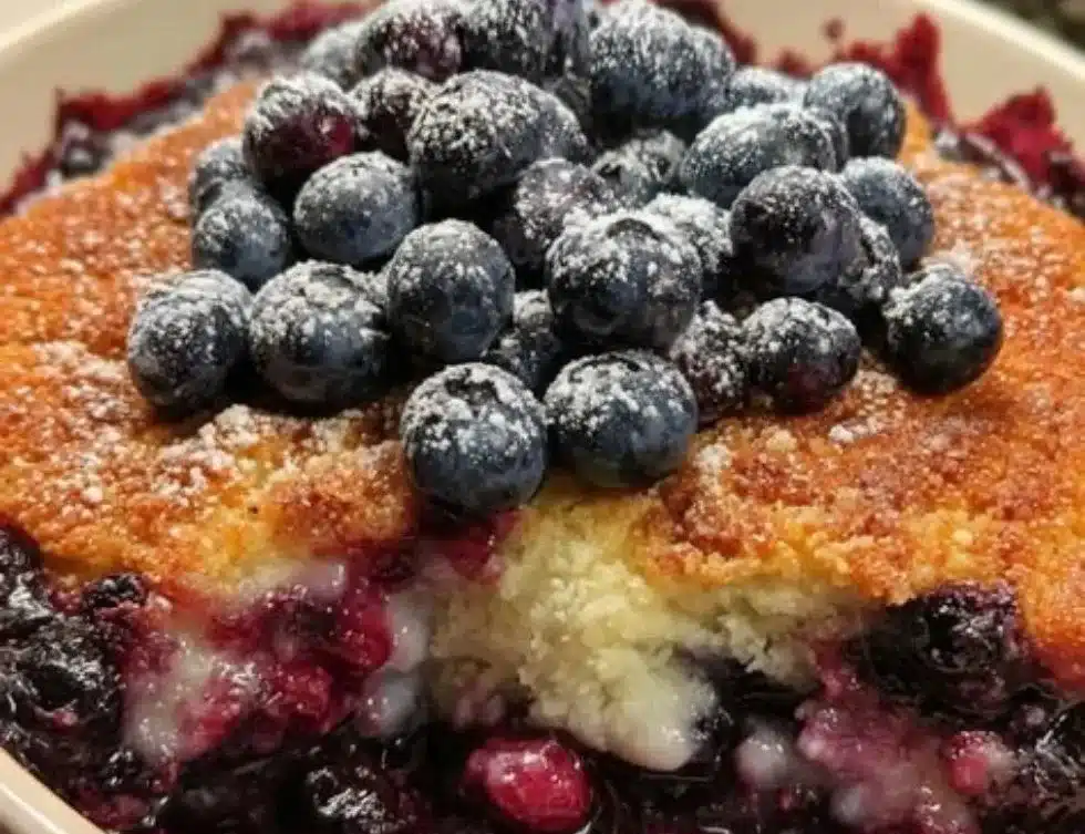 Delicious Southern style blueberry cobbler with fresh blueberries and golden crust.