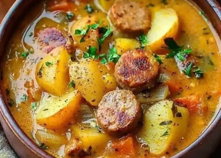 Delicious Cajun Sausage Potato Soup garnished with fresh herbs.