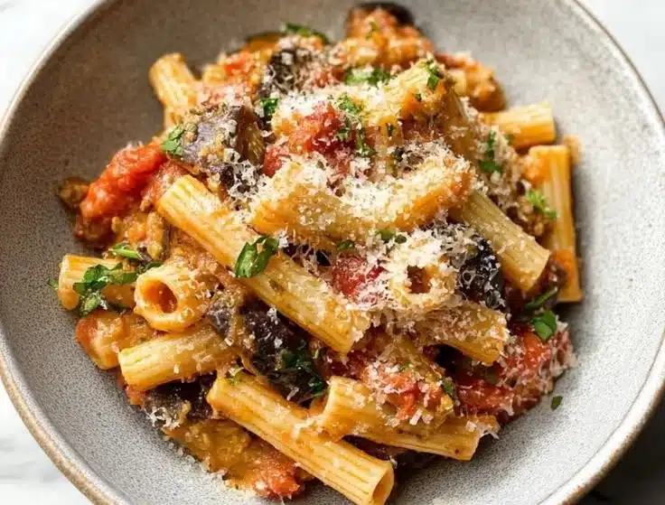 Delicious spicy eggplant pasta dish garnished with fresh herbs