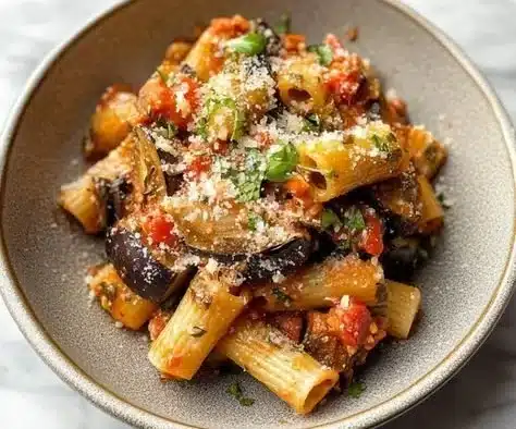 A bowl of spicy eggplant pasta with fresh herbs and chili flakes.