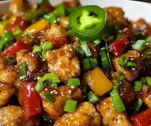 Spicy jalapeño chicken stir-fry with fresh vegetables in a vibrant sauce
