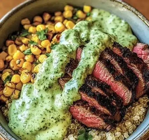 Delicious Steak Avocado Bowl with roasted corn and cilantro cream sauce