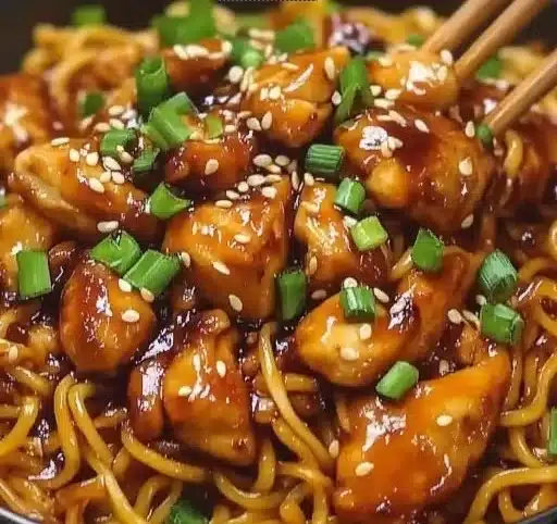 Delicious sticky garlic chicken noodles served in a bowl for dinner.