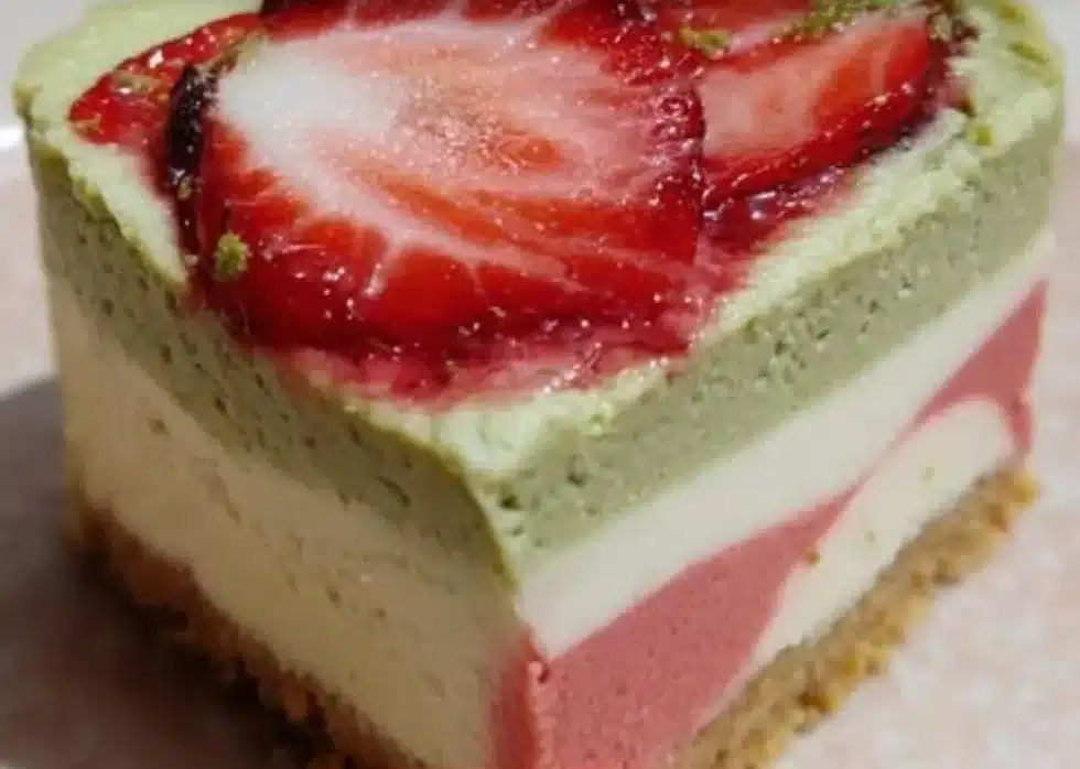 Strawberry Matcha Latte Cheesecake with vibrant green matcha layer and fresh strawberries