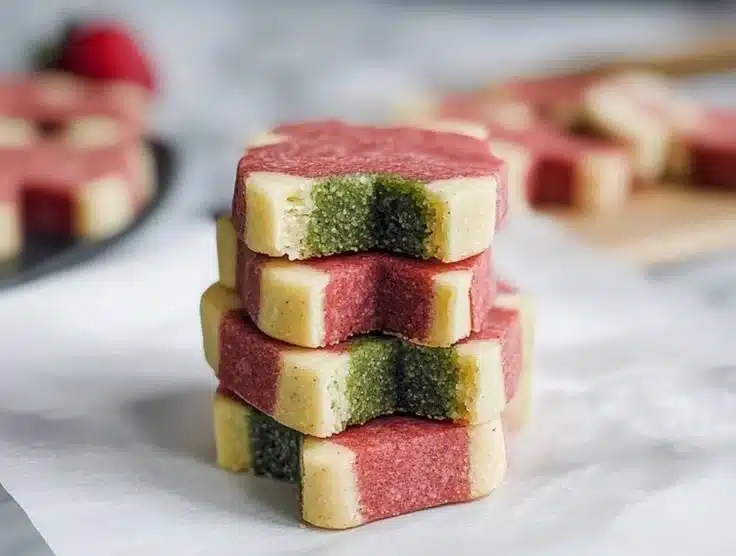 Strawberry Matcha Shortbread Cookies on a plate, showcasing vibrant colors.