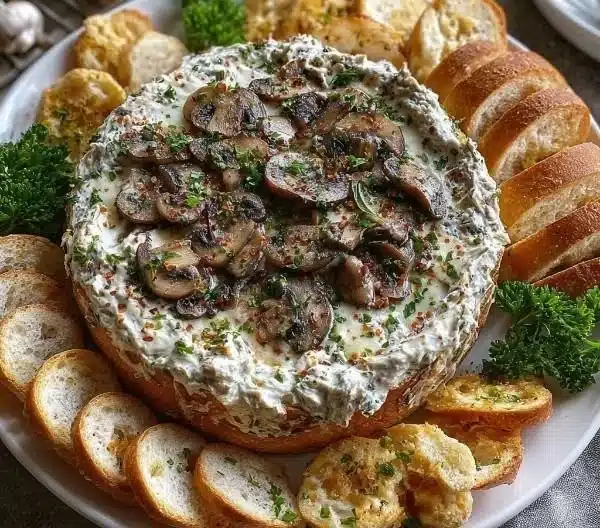 Delicious stuffed mushroom dip served in a bowl with fresh herbs