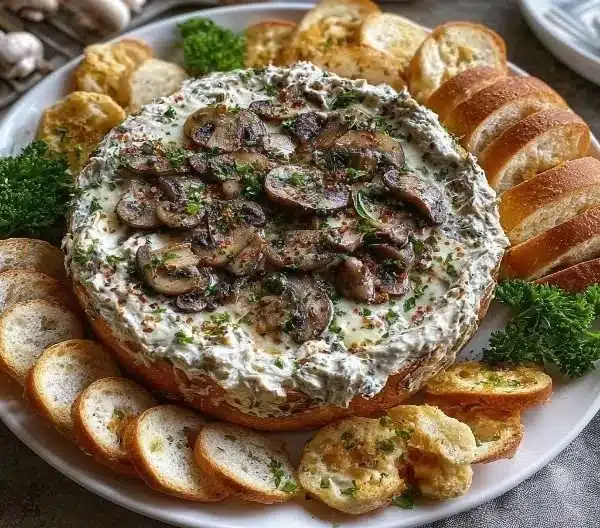 Delicious stuffed mushroom dip served in a bowl, perfect for parties.