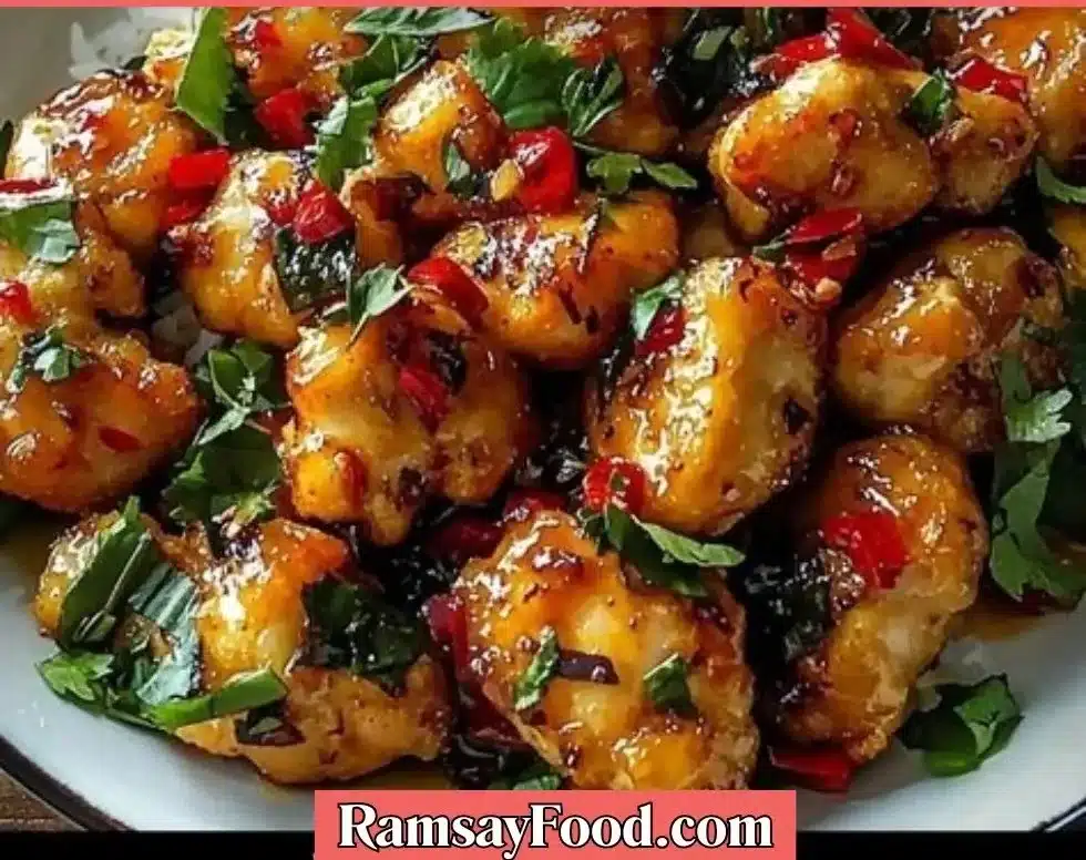 Delicious Sweet And Spicy Thai Chicken dish garnished and ready to serve