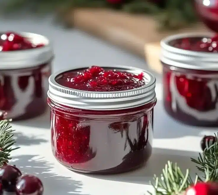 Sweet Christmas Cranberry Jam in a jar with cranberries and holiday decorations