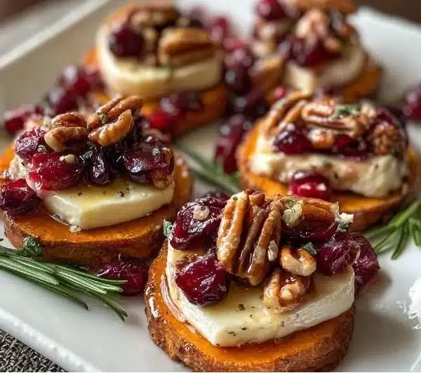 Sweet potato rounds with brie cheese, cranberry sauce, and pecans.